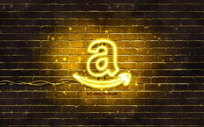 Amazon yellow logo, 4k, yellow neon lights, creative, yellow abstract background, Amazon logo, brands, Amazon
