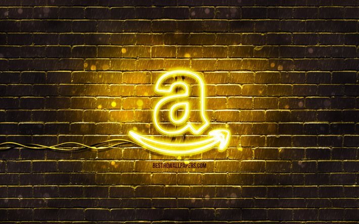 Logo giallo Amazon, 4k, luci al neon gialle, creativo, sfondo astratto giallo, logo Amazon, marchi, Amazon