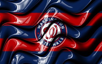 Bandeira do Washington Nationals, 4k, ondas 3D vermelhas e azuis, MLB, time americano de beisebol, logotipo do Washington Nationals, beisebol, Washington Nationals