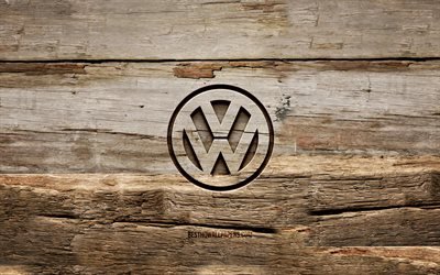 Volkswagen wooden logo, 4K, wooden backgrounds, cars brands, Volkswagen logo, creative, VW logo, wood carving, Volkswagen