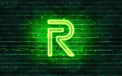 Logo vert Realme, 4k, mur de briques vert, logo Realme, marques, logo n&#233;on Realme, Realme