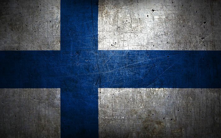 Drapeau finlandais en m&#233;tal, art grunge, pays europ&#233;ens, jour de la Finlande, symboles nationaux, drapeau finlandais, drapeaux m&#233;talliques, drapeau de la Finlande, Europe, Finlande