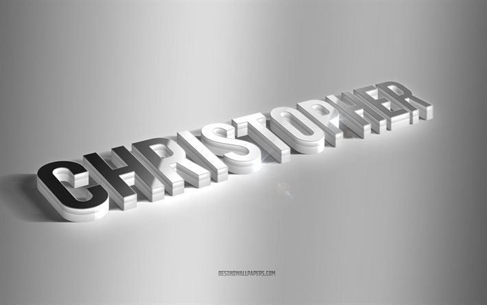 كريستوفر, أسم شخصي مذكر, فن 3d الفضة, خلفية رمادية, خلفيات بأسماء, اسم كريستوفر, بطاقة تهنئة كريستوفر, فن ثلاثي الأبعاد, صورة باسم كريستوفر