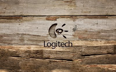 Logitechの木製ロゴ, 4k, 木製の背景, お, Logitechのロゴ, creative クリエイティブ, 木彫り, ロジクール