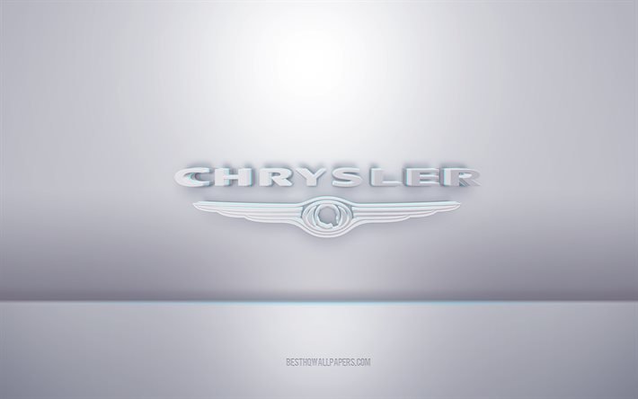 Chrysler 3d logo bianco, sfondo grigio, logo Chrysler, arte creativa 3d, Chrysler, emblema 3d
