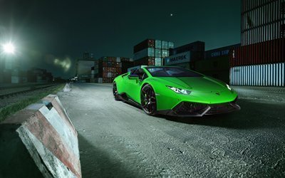Novitec Torado, tuning, Lamborghini Huracan Spyder, 2016, supercars, la nuit, le port, le vert lamborghini