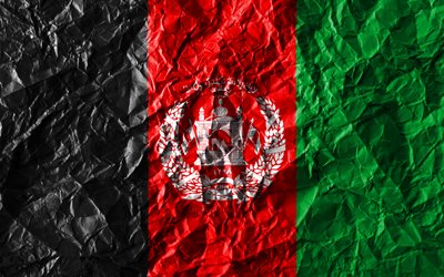Afghanska flaggan, 4k, skrynkliga papper, Asiatiska l&#228;nder, kreativa, Flagg i Afghanistan, nationella symboler, Asien, Afghanistan 3D-flagga, Afghanistan