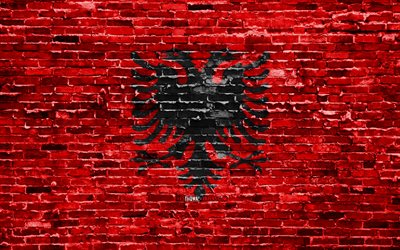 4k, Albanian flag, bricks texture, Europe, national symbols, Flag of Albania, brickwall, Albania 3D flag, European countries, Albania