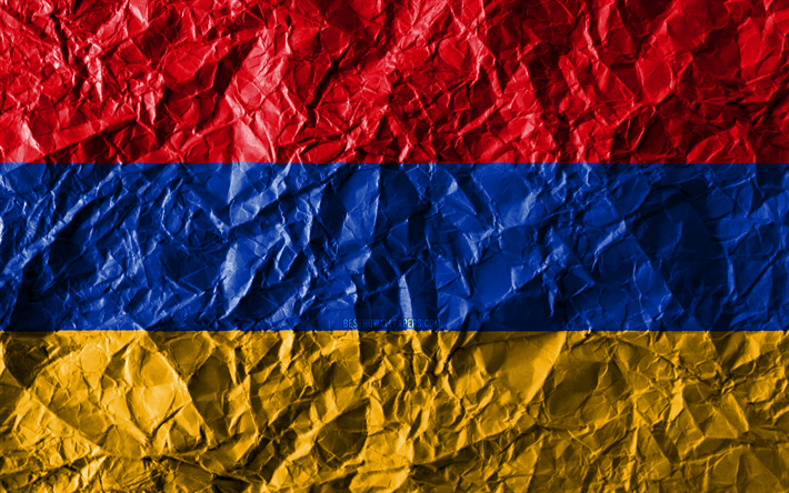 Armenien flagga, 4k, skrynkliga papper, Asiatiska l&#228;nder, kreativa, Flagga av Armenien, nationella symboler, Asien, Armenien 3D-flagga, Armenien