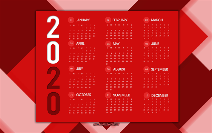 2020 calendrier, rouge, abstrait, fond, horizon 2020 rouge de calendrier, 2020 concepts, cr&#233;ative, l&#39;agenda 2020, tous les mois