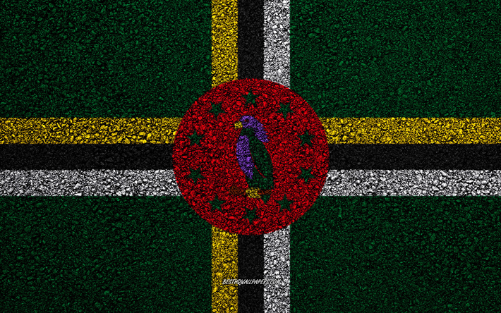 Flag of Dominica, asphalt texture, flag on asphalt, Dominica flag, North America, Dominica, flags of North America countries