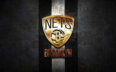 Brooklyn Nets, altın logo, NBA, siyah metal arka plan, Amerikan basketbol kul&#252;b&#252;, Brooklyn Nets logo, basketbol, ABD