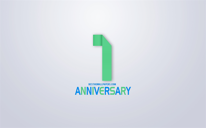 1st Anniversary sign, origami anniversary symbols, White background, origami numbers, 1st Anniversary, creative art, 1 Year Anniversary