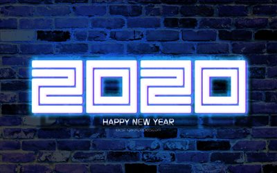 2020 blue neon digits, 4k, Happy New Year 2020, blue brickwall, 2020 neon art, 2020 concepts, blue neon digits, 2020 on blue background, 2020 year digits