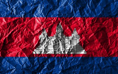 Kambodjanska flaggan, 4k, skrynkliga papper, Asiatiska l&#228;nder, kreativa, Flaggan i Kambodja, nationella symboler, Asien, Kambodja 3D-flagga, Kambodja