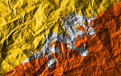 Bhutan bandiera, 4k, carta stropicciata, paesi Asiatici, creativo, Bandiera del Bhutan, simboli nazionali, Asia, Bhutan 3D bandiera, Bhutan