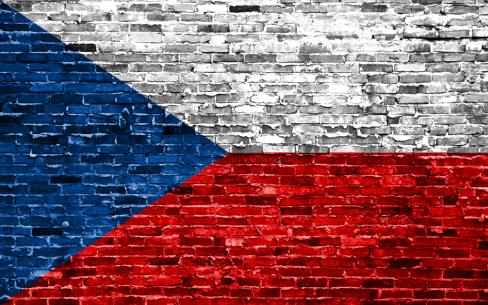 4k, bandiera ceca, mattoni texture, Europa, simboli nazionali, Bandiera della Repubblica ceca, brickwall, Repubblica ceca 3D bandiera, paesi Europei, Repubblica ceca