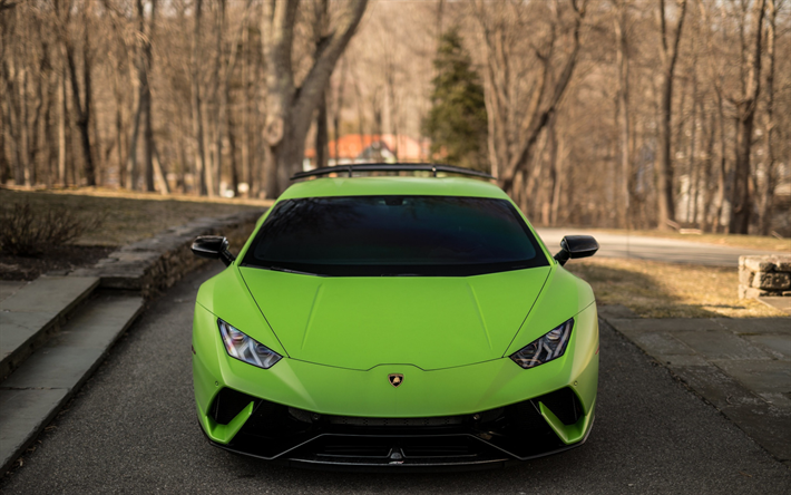 Lamborghini Huracan, 2019, vista frontal, verde supercarro, verde novo, Huracan, italiana de carros esportivos, Lamborghini