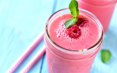 raspberry smoothies, 4k, berries, fruits, breakfast, smoothie in glassful, healthy food, fruit smoothies, smoothies with raspberry