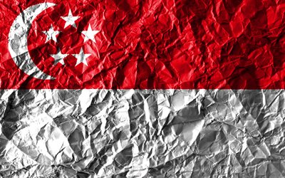 Singapura bandeira, 4k, papel amassado, Pa&#237;ses asi&#225;ticos, criativo, Bandeira de Cingapura, s&#237;mbolos nacionais, &#193;sia, Singapura 3D bandeira, Singapura