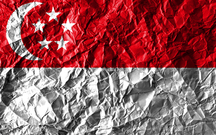 Singapore flag, 4k, crumpled paper, Asian countries, creative, Flag of Singapore, national symbols, Asia, Singapore 3D flag, Singapore
