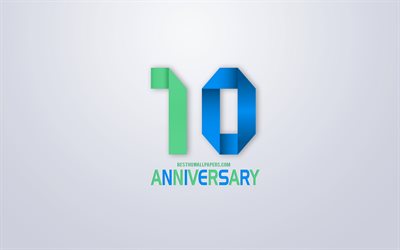 10th Anniversary sign, origami anniversary symbols, White background, origami numbers, 10th Anniversary, creative art, 10 Years Anniversary