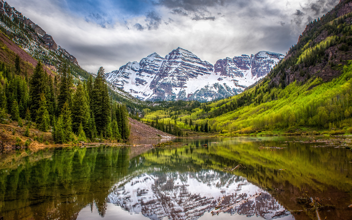 Maroon Bells, 4k, beautiful nature, mountains, lake, Colorado, USA, America