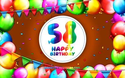 嬉しいの58歳の誕生日, 4k, カラフルバルーンフレーム, 誕生パーティー, オレンジ色の背景, 創造, 58歳の誕生日, 誕生日プ, 第58回誕生パーティー