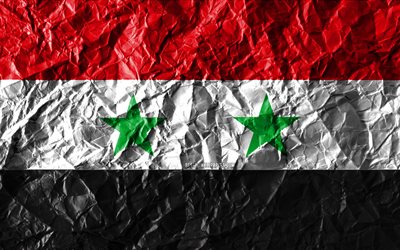 Siria bandera, 4k, papel arrugado, los pa&#237;ses Asi&#225;ticos, creativa, Bandera de Siria, los s&#237;mbolos nacionales, Asia, Siria 3D de la bandera, Siria