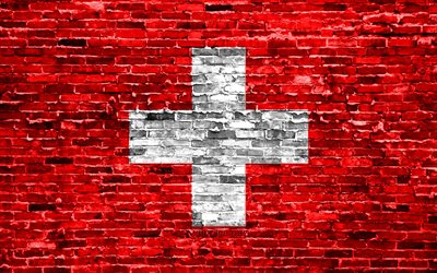 4k, العلم السويسري, الطوب الملمس, أوروبا, الرموز الوطنية, علم سويسرا, brickwall, سويسرا 3D العلم, البلدان الأوروبية, سويسرا