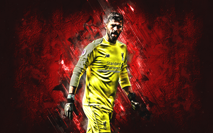 Alisson Becker, Brazilian football player, Liverpool FC, portrait, red stone background, Premier League, England, football