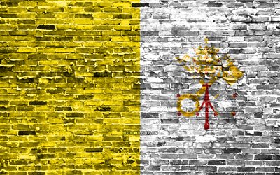 4k, Vaticano, bandiera, mattoni texture, Europa, simboli nazionali, Bandiera del Vaticano, brickwall, Vaticano 3D bandiera, paesi Europei
