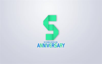 5th Anniversary sign, origami anniversary symbols, green origami digits, White background, origami numbers, 5th Anniversary, creative art, 5 Years Anniversary