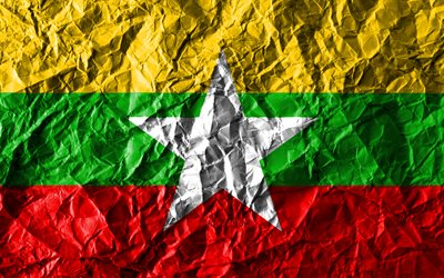 myanmar flagge, 4k, zerknittert, papier, asiatische l&#228;nder, kreativ, flagge von myanmar, nationale symbole, asien, myanmar, 3d flag