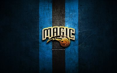 Orlando Magic, golden logotyp, NBA, bl&#229; metall bakgrund, amerikansk basket club, Orlando Magic logotyp, basket, USA