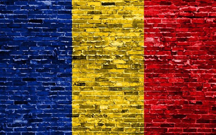 4k, Romanian flag, bricks texture, Europe, national symbols, Flag of Romania, brickwall, Romania 3D flag, European countries, Romania