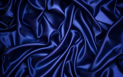 4k, bleu fonc&#233;, soie, texture, ondul&#233; texture de tissu, la soie, le tissu bleu de fond, le bleu fonc&#233; de satin, de tissus, de textures, de satin, de soie, bleu fonc&#233; texture de tissu, bleu horizons