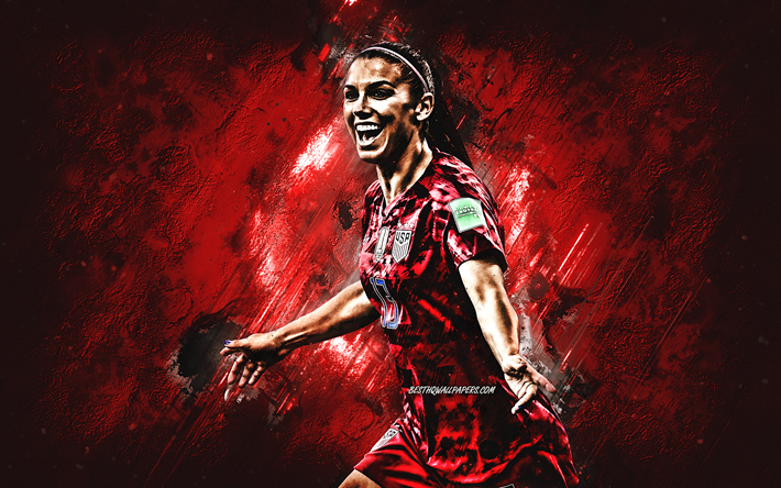 Alex Morgan, Yhdysvaltojen naisten jalkapallomaajoukkue, Amerikkalaisen jalkapallon pelaaja, USA, muotokuva, punainen kivi tausta, jalkapallo