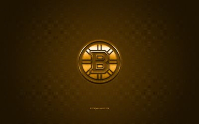 Boston Bruins, American hockey club, NHL, gul logotyp, gul kolfiber bakgrund, hockey, Boston, Massachusetts, USA, National Hockey League, Boston Bruins logotyp
