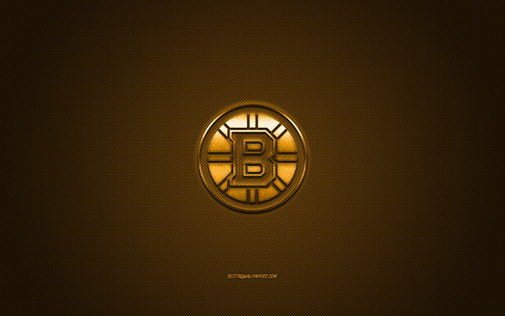boston bruins, american hockey club, nhl, gelb-logo, gelb carbon fiber hintergrund, hockey, boston, massachusetts, usa, national hockey league, boston bruins logo