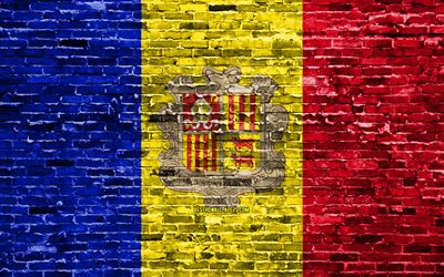 4k, Peseta bandiera, mattoni texture, Europa, simboli nazionali, Bandiera di Andorra, brickwall, Andorra 3D bandiera, paesi Europei, Andorra