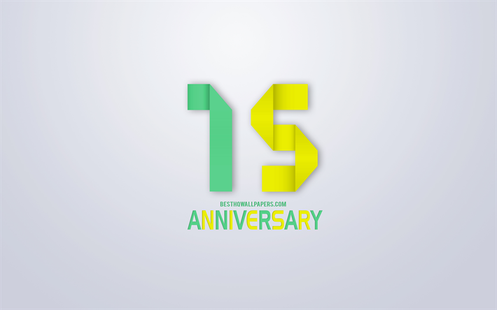 15th Anniversary sign, origami anniversary symbols, green origami digits, White background, origami numbers, 15th Anniversary, creative art, 15 Years Anniversary