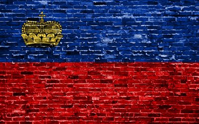 4k, Liechtensteinin lippu, tiilet rakenne, Euroopassa, kansalliset symbolit, Lipun Liechtenstein, brickwall, Liechtenstein 3D flag, Euroopan maissa, Liechtenstein