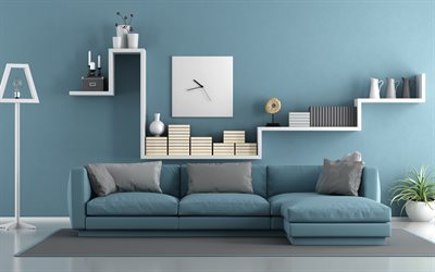 blu, soggiorno, 4k, interni blu, design moderno, pareti blu, blu divani, creativo lampada da terra