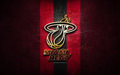 Miami Heat, golden logotyp, NBA, lila metall bakgrund, amerikansk basket club, Miami Heat logotyp, basket, USA