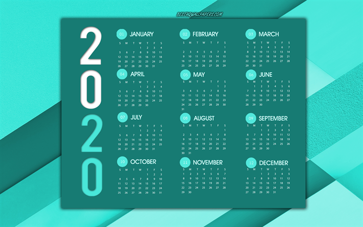2020 Calendrier, turquoise fond abstrait, 2020 concepts, turquoise 2020 calendrier, l&#39;Ann&#233;e 2020 Calendrier