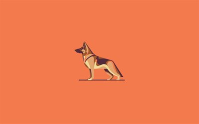 Berger allemand, minimal, orange, fond, dessin animé animaux de compagnie