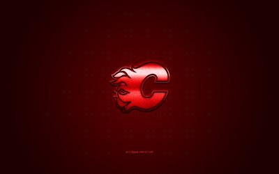 Calgary Alevler, Kanadalı hokey kul&#252;b&#252;, NHL, kırmızı logo, kırmızı karbon fiber arka plan, hokey, Calgary, Alberta, Kanada, ABD, Ulusal Hokey Ligi, Calgary Alevler logosu