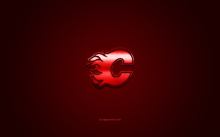 Calgary Flames, Canadense de h&#243;quei clube, NHL, logo vermelho, vermelho de fibra de carbono de fundo, h&#243;quei, Calgary, Alberta, Canad&#225;, EUA, Liga Nacional De H&#243;quei, Calgary Flames logotipo