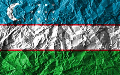 Uzbekiska flagga, 4k, skrynkliga papper, Asiatiska l&#228;nder, kreativa, Flaggan i Uzbekistan, nationella symboler, Asien, Uzbekistan 3D-flagga, Uzbekistan
